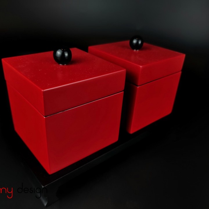 Set of 2 square red boxes 10 cm included with stand